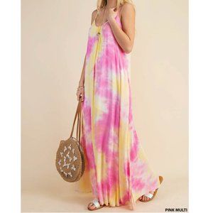 Boho Pink Yellow Tie Dye Cami Maxi Dress